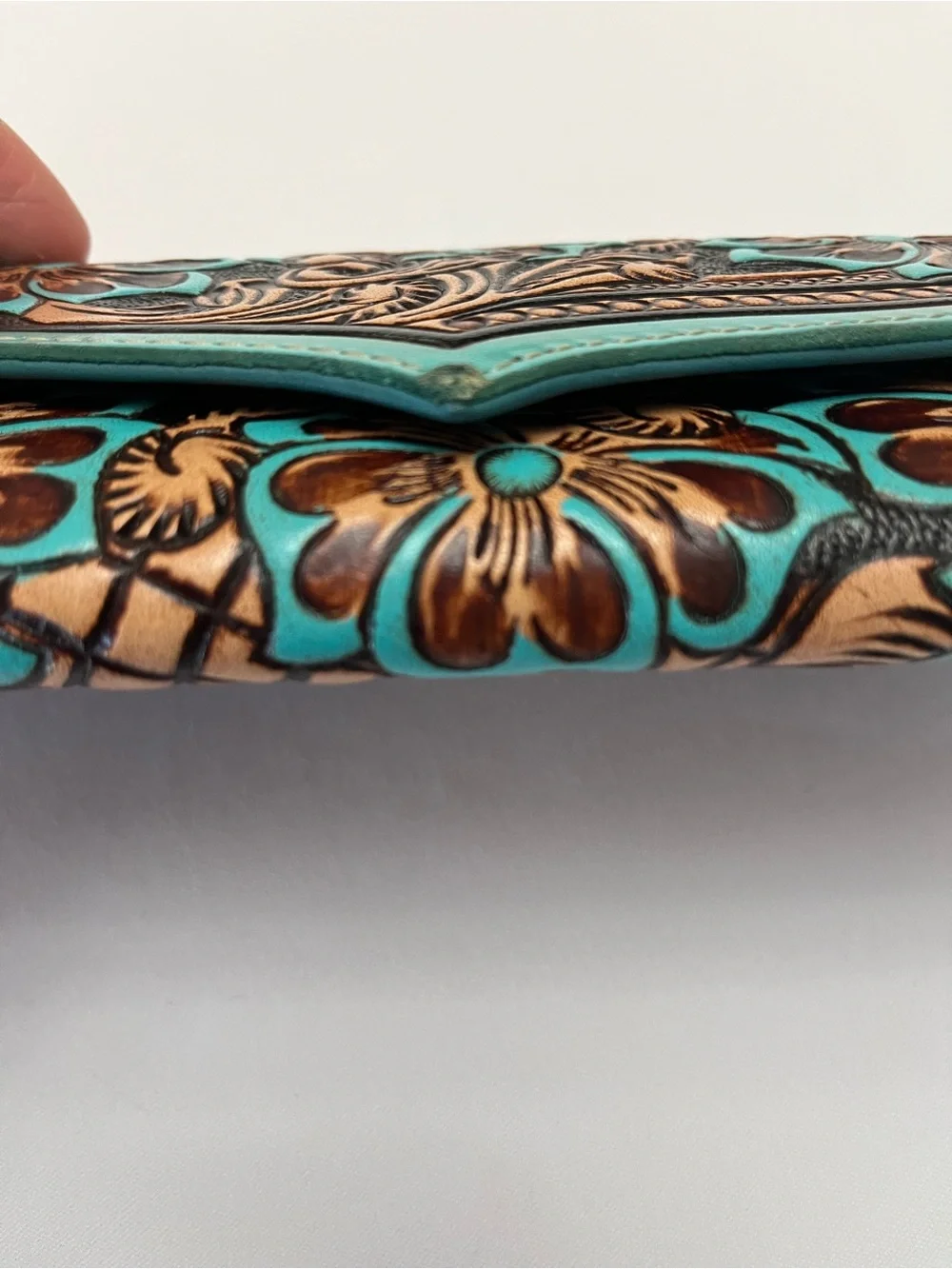 Myra Flower Crest Tooled Leather Wallet Floral Embossed With Turquose Accents